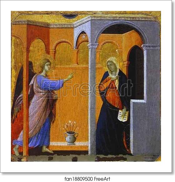 Free art print of Maestà (front, predella) The Annunciation by Duccio Di Buoninsegna