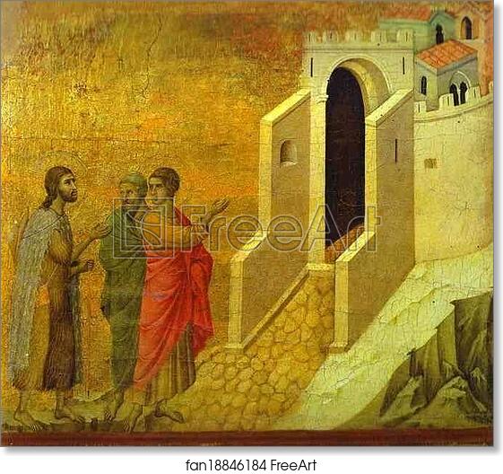 Free art print of Maestà (back, central panel) The Road to Emmaus by Duccio Di Buoninsegna