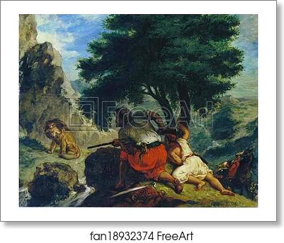 Free art print of The Lion Hunt in Marocco by Eugène Delacroix