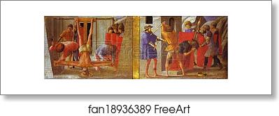 Free art print of The Crucifixion of St. Peter. The Beheading of St. John the Baptist. Predella from the Pisa Altar by Masaccio Free art print of The Crucifixion of St. Peter. The Beheading of St. John the Baptist. Predella from the Pisa Altar by Masaccio
