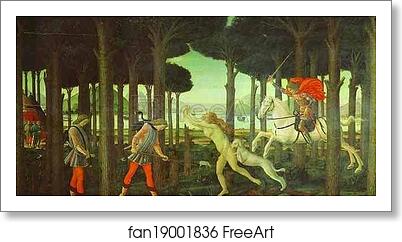 Free art print of The Story of Nastagio degli Onesti: The Encounter with the Damned in the Pine Forest by Alessandro Botticelli