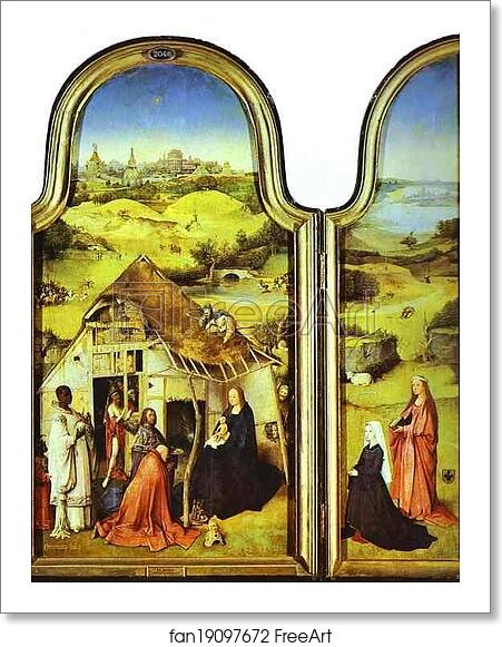 Free art print of Epiphany Triptych. Left wing: The Donor with St. Peter and St. Joseph. More. Central panel: The Virgin and Child and the Three Magi. More. Right wing: The Donor with St. Agnes. More by Hieronymus Bosch