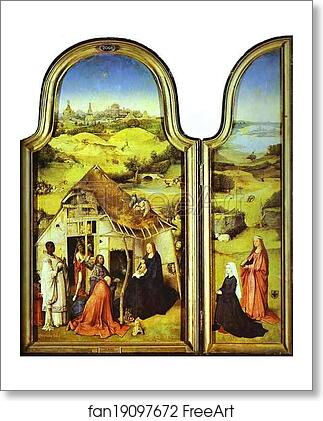 Free art print of Epiphany Triptych. Left wing: The Donor with St. Peter and St. Joseph. More. Central panel: The Virgin and Child and the Three Magi. More. Right wing: The Donor with St. Agnes. More by Hieronymus Bosch