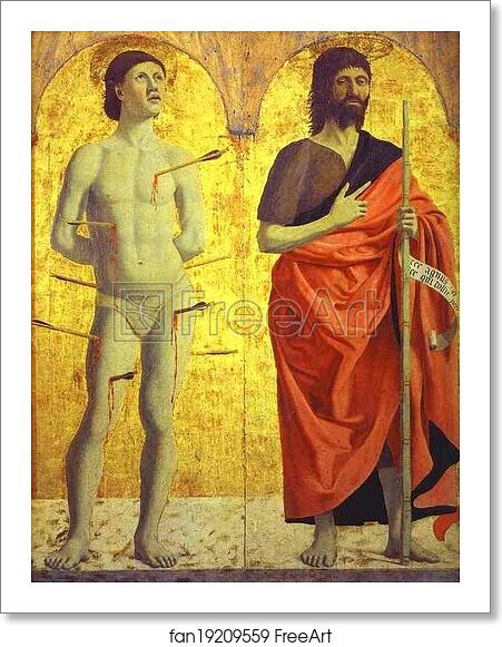 Free art print of St. Sebastian and St. John the Baptist. Left side panel of the Polyptych of the Misericordia by Piero Della Francesca Free art print of St. Sebastian and St. John the Baptist. Left side panel of the Polyptych of the Misericordia by Piero Della Francesca