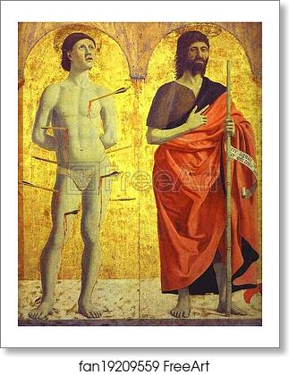 Free art print of St. Sebastian and St. John the Baptist. Left side panel of the Polyptych of the Misericordia by Piero Della Francesca
