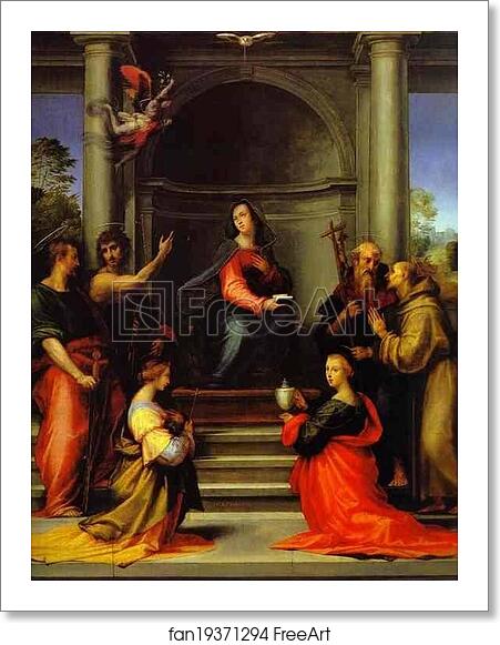 Free art print of The Annunciation, with Saints Margaret, Mary Magdalen, Paul, John the Baptist, Jerome and Francis by Fra Bartolommeo