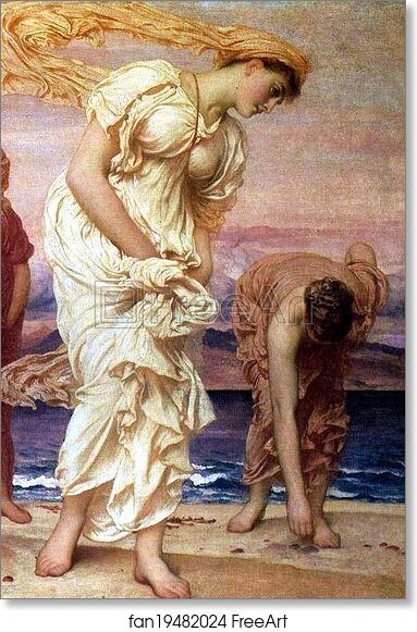 Free art print of Greek Girl Picking up Pebbles by the Sea. Detail by Frederick Leighton
