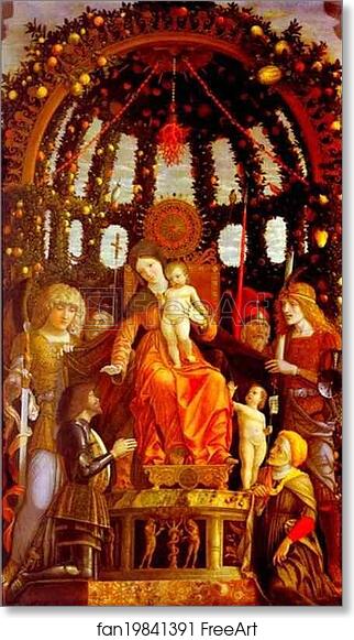 Free art print of Virgin and Child Surrounded by Six Saints and Gianfrancesco II Gonzaga, known as the Madonna of Victory by Andrea Mantegna