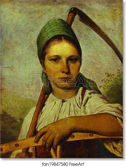 Free art print of Pelageya. Peasant Woman with Scythe and Rake by Alexey Venetsianov
