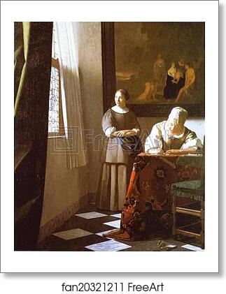 Free art print of Lady Writing a Letter with Her Maid by Jan Vermeer