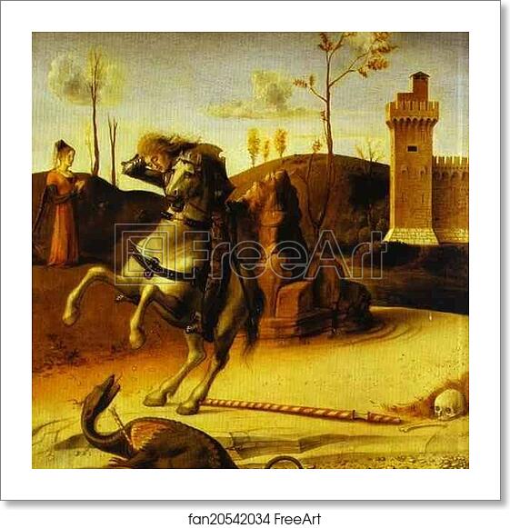 Free art print of Pesaro Altarpiece. Predella: St. George Fights the Dragon by Giovanni Bellini