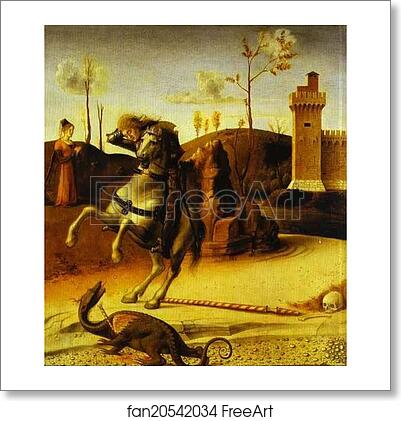 Free art print of Pesaro Altarpiece. Predella: St. George Fights the Dragon by Giovanni Bellini