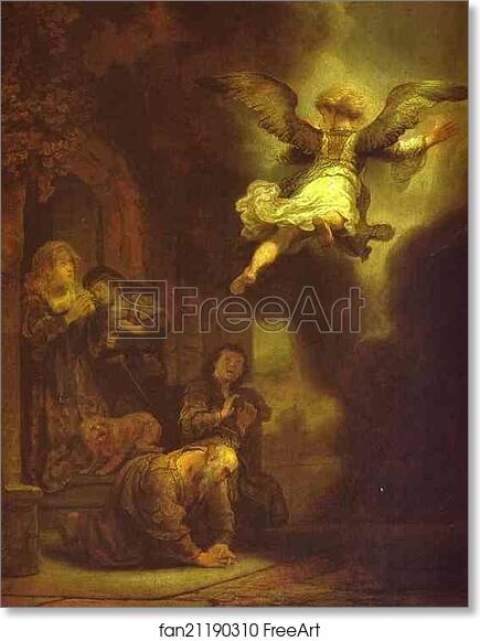 Free art print of The Archangel Leaving the Family of Tobias by Rembrandt Harmenszoon Van Rijn