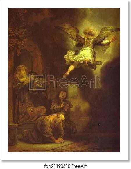 Free art print of The Archangel Leaving the Family of Tobias by Rembrandt Harmenszoon Van Rijn