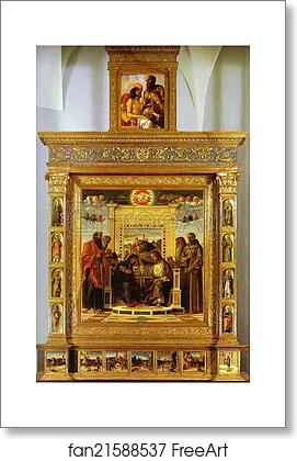 Free art print of Pesaro Altarpiece. Photomontage: Coronation of the Virgin from Museo Civico, Pesaro and Pietà from Pinacoteca di Vaticana by Giovanni Bellini