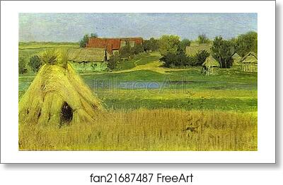 Free art print of Sheaves and a Village Beyond the River by Isaac Levitan