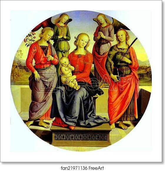 Free art print of The Virgin and Child Surrounded by Two Angels, St. Rose, and St. Catherine by Pietro Perugino