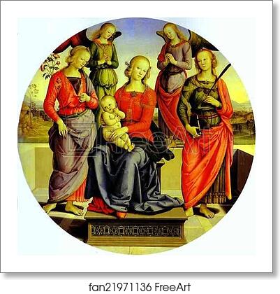 Free art print of The Virgin and Child Surrounded by Two Angels, St. Rose, and St. Catherine by Pietro Perugino