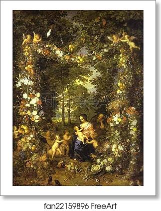 Free art print of Holy Family in a Flower and Fruit Wreath by Jan Brueghel The Elder