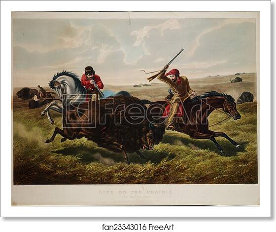 Free art print of Life on the Prairie, The Buffalo Hunt, lithograph by Arthur Fitzwilliam Tait, published by Currier & Ives, 152 Nassau Street, New York, New York. by Currier & Ives