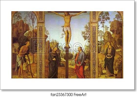 Free art print of The Crucifixion with the Virgin, St. John, St. Jerome and St. Mary Magdalene by Pietro Perugino