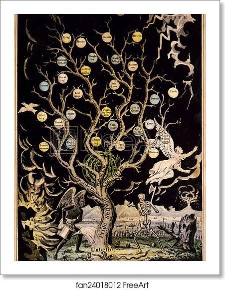 Free art print of Devil watering tree of sins and skeleton about to chop it down. Caption: The Tree of Death – The Sinner. "But a corrupt tree bringeth forth evil fruit." (Matt. VII 17). "Cut it down; why cumbereth it the ground?" (Luke XIII 7) by Currier & Ives Free art print of Devil watering tree of sins and skeleton about to chop it down. Caption: The Tree of Death – The Sinner. "But a corrupt tree bringeth forth evil fruit." (Matt. VII 17). "Cut it down; why cumbereth it the ground?" (Luke XIII 7) by Currier & Ives