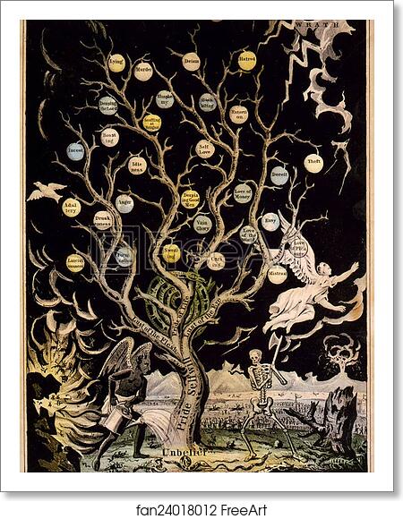 Free art print of Devil watering tree of sins and skeleton about to chop it down. Caption: The Tree of Death – The Sinner. "But a corrupt tree bringeth forth evil fruit." (Matt. VII 17). "Cut it down; why cumbereth it the ground?" (Luke XIII 7) by Currier & Ives Free art print of Devil watering tree of sins and skeleton about to chop it down. Caption: The Tree of Death – The Sinner. "But a corrupt tree bringeth forth evil fruit." (Matt. VII 17). "Cut it down; why cumbereth it the ground?" (Luke XIII 7) by Currier & Ives