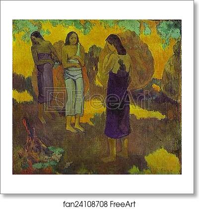 Free art print of Three Tahitian Women Against a Yellow Background by Paul Gauguin