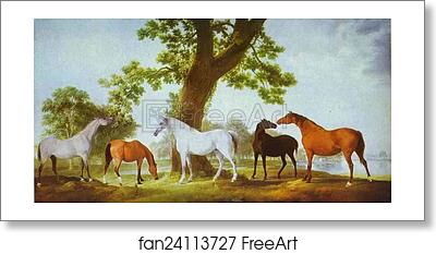 Free art print of Mares by an Oak-Tree by George Stubbs