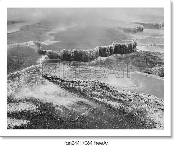 Free art print of Aerial view of "Jupiter Terrace - Fountain Geyser Pool, Yellowstone National Park," Wyoming.  Photographs of National Parks and Monuments, compiled 1941 - 1942, documenting the period ca. 1933 - 1942. by Ansel Adams (1902-1984)