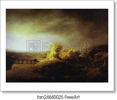Free art print of Landscape with a Long Arched Bridge by Rembrandt Harmenszoon Van Rijn