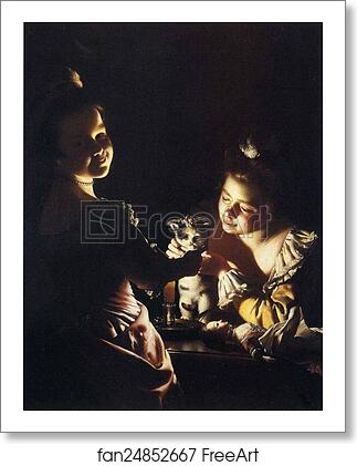 Free art print of Two Girls Dressing a Kitten by Candlelight by Joseph Wright Of Derby