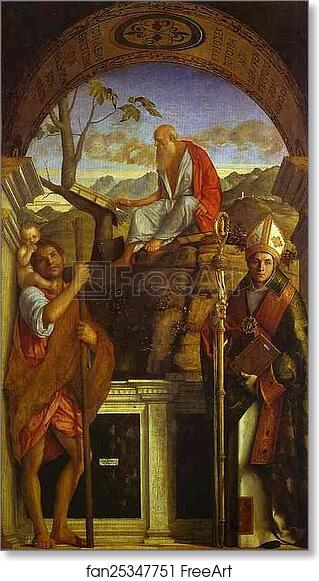 Free art print of St. Christopher, St. Jerome, and St. Louis by Giovanni Bellini