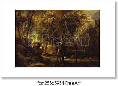 Free art print of A Forest at Dawn with a Deer Hunt by Peter Paul Rubens