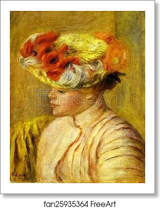 Free art print of Young Woman Wearing a Hat with Flowers. (Jeune femme au chapeau de fleurs) by Pierre-Auguste Renoir