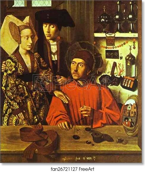 Free art print of St. Eligius, as a Goldsmith, Hands the Wedding Couple a Ring by Petrus Christus