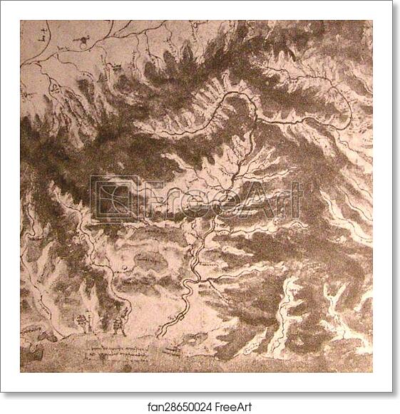 Free art print of Topographical drawing of a river valley (La valle dell'Arno, Tuscany [Padule di Fucecchio], Italy.) by Leonardo Da Vinci