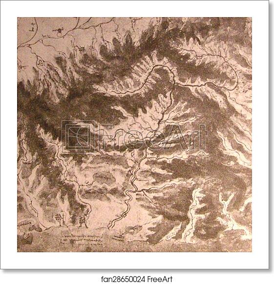 Free art print of Topographical drawing of a river valley (La valle dell'Arno, Tuscany [Padule di Fucecchio], Italy.) by Leonardo Da Vinci