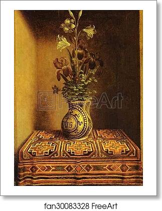 Free art print of Still Life with a Jug with Flowers. The reverse side of the Portrait of a Praying Man by Hans Memling