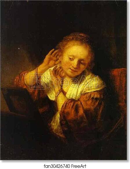 Free art print of A Young Woman Trying on Earings by Rembrandt Harmenszoon Van Rijn
