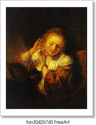Free art print of A Young Woman Trying on Earings by Rembrandt Harmenszoon Van Rijn