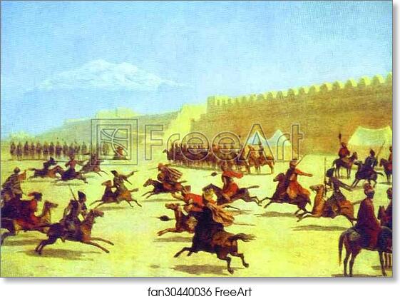 Free art print of Trick Riding of Curds and Tatars in front of the Fortress Sardar-Abbat in Armenia by Grigory Gagarin