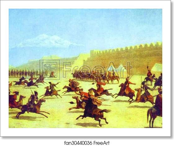 Free art print of Trick Riding of Curds and Tatars in front of the Fortress Sardar-Abbat in Armenia by Grigory Gagarin
