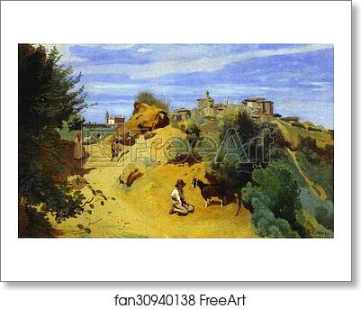 Free art print of Genzano. Goatherd and View of a Village by Jean-Baptiste-Camille Corot