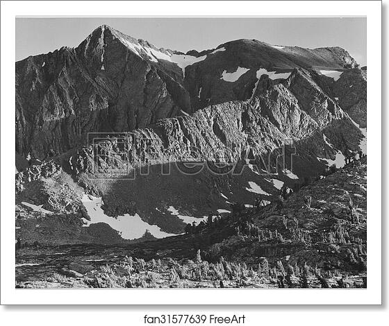 Free art print of Peak above Woody Lake, Kings River Canyon (Proposed as a national park), California, 1936.  Photographs of National Parks and Monuments, compiled 1941 - 1942, documenting the period ca. 1933 - 1942. by Ansel Adams (1902-1984)