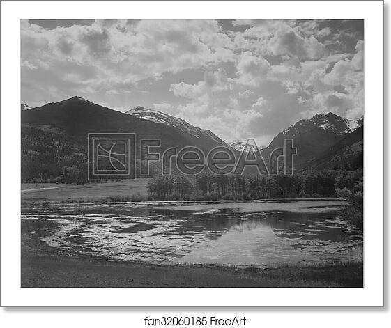 Free art print of Lake and trees in foreground, mountains and clouds in background, "In Rocky Mountain National Park,"Colorado. Photographs of National Parks and Monuments, compiled 1941 - 1942, documenting the period ca. 1933 - 1942. by Ansel Adams (1902-1984) Free art print of Lake and trees in foreground, mountains and clouds in background, "In Rocky Mountain National Park,"Colorado. Photographs of National Parks and Monuments, compiled 1941 - 1942, documenting the period ca. 1933 - 1942. by Ansel Adams (1902-1984)