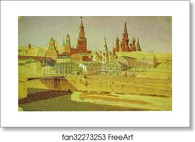Free art print of View of the Moskvoretsky Bridge, the Kremlin and the Pokrovsky Cathedral by Arkhip Kuinji