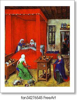 Free art print of The Birth of John the Baptist (miniature from the Très Belles Heures de Notre-Dame) by Jan Van Eyck