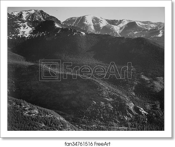 Free art print of View of wooded hills with mountains in background, "In Rocky Mountain National Park," Colorado.  Photographs of National Parks and Monuments, compiled 1941 - 1942, documenting the period ca. 1933 - 1942. by Ansel Adams (1902-1984)