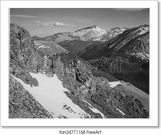Free art print of View of barren mountains with snow, "Long's Peak, Rocky Mountain National Park," Colorado. Photographs of National Parks and Monuments, compiled 1941 - 1942, documenting the period ca. 1933 - 1942. by Ansel Adams (1902-1984) Free art print of View of barren mountains with snow, "Long's Peak, Rocky Mountain National Park," Colorado. Photographs of National Parks and Monuments, compiled 1941 - 1942, documenting the period ca. 1933 - 1942. by Ansel Adams (1902-1984)